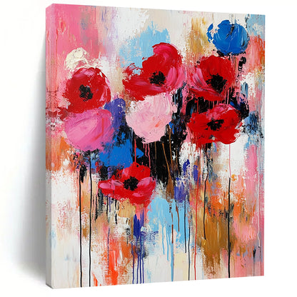 Expressive contemporary abstract painting of flowers in vibrant red pink and blue with thick brushstrokes and texture capturing the warmth of springtime. DLZ0982