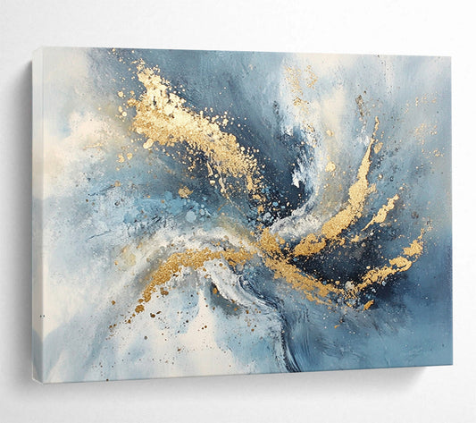 “Blue - Gray Abstract with Gold Splashes” - Blue, Gray, Gold, Dynamic Splashes Painting On Canvas HB0826