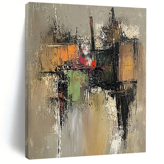 Large contemporary hand-painted abstract artwork featuring an old village with muted colors and visible brushstrokes on a grayish-brown background. DLZ0960