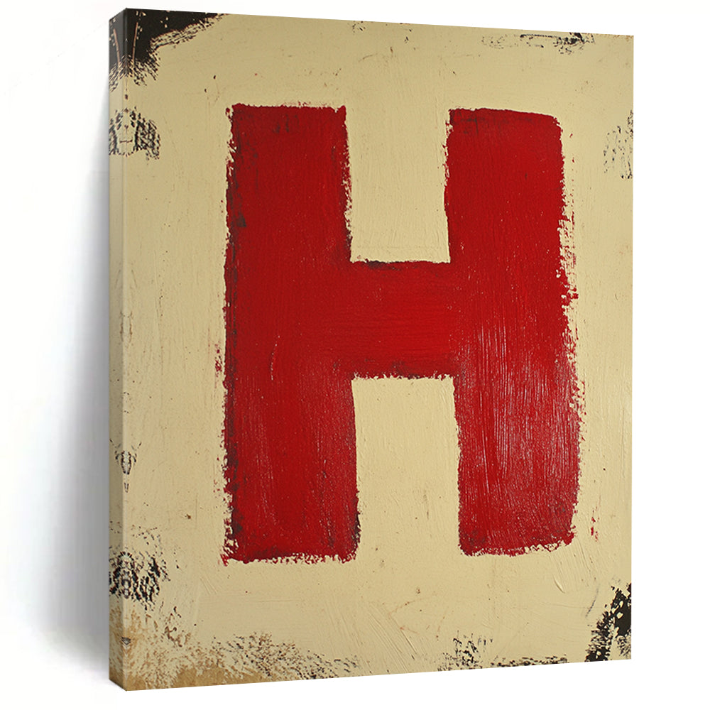 Contemporary abstract painting featuring a red square on a cream background with a striking red letter H at the center. DLZ1695