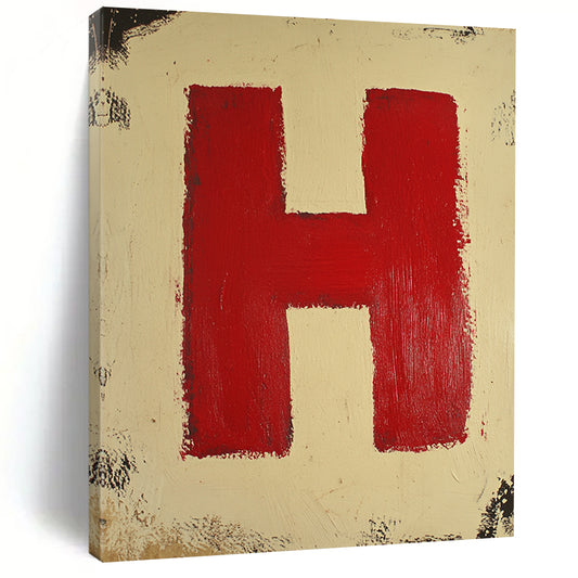 Contemporary abstract painting featuring a red square on a cream background with a striking red letter H at the center. DLZ1695