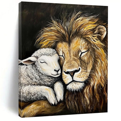 Contemporary abstract painting depicting a lion and lamb in peaceful slumber on a black canvas showcasing harmony and friendship. DLZ1300
