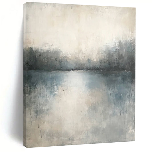 Contemporary abstract painting featuring muted tones and soft textures creating a serene, dreamlike landscape with subtle gradients and blurred edges. DLZ0443