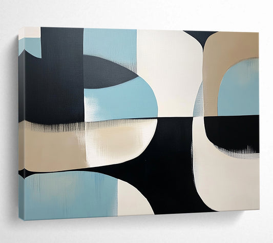“Curved Geometric Abstract” - Black, white, beige, light blue; Curved geometric abstract shapes; Acrylic Painting On Canvas HB1253