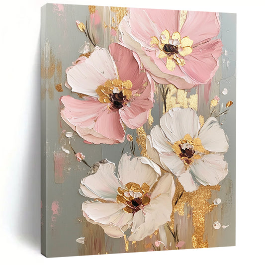 Contemporary hand-painted abstract artwork featuring pastel pink, white, and gold flowers with a textured finish and gold foil accents on a light grey background. DLZ1106