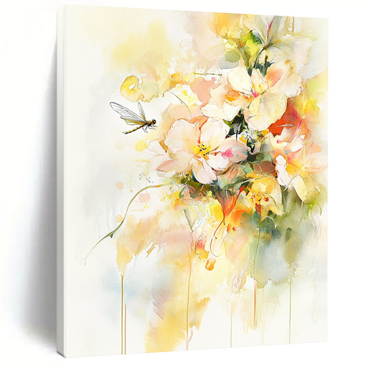 Contemporary abstract art featuring vibrant watercolor flowers and leaves with delicate gold accents a serene dragonfly and light yellow tones on a white background. DLZ1082
