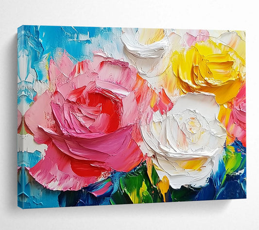 “Colorful Rose Impasto” - Pink, Yellow, White, Blue - 3D Rose Bouquet - Impasto Painting HB1302