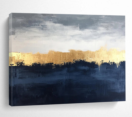 “Gold Horizon Over Blue - Gray Landscape” - Gold, Blue, Gray, Horizon Line Painting On Canvas HB0817