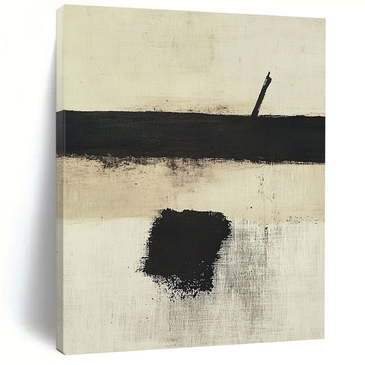 Contemporary hand-painted abstract art featuring a white background with bold black and beige hues and a striking central brush stroke. DLZ0424