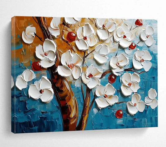“Textured White Blossoms on Blue” - White, red, brown, blue; 3D - like white flowers on a textured blue background; Palette Knife Oil Painting On Canvas HB1198