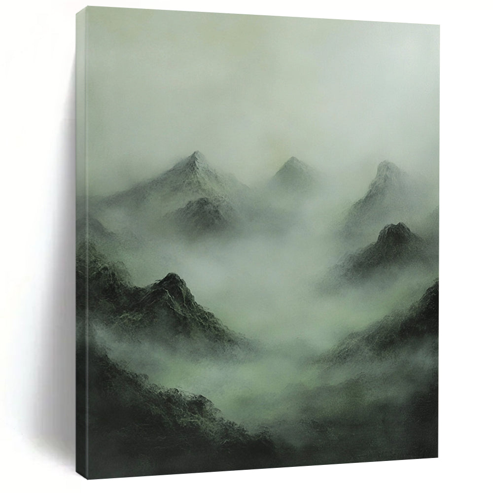 Contemporary abstract painting featuring a misty mountain range in muted greens and grays, evoking enigmatic Chinese mythology and a sense of mystery. DLZ1365