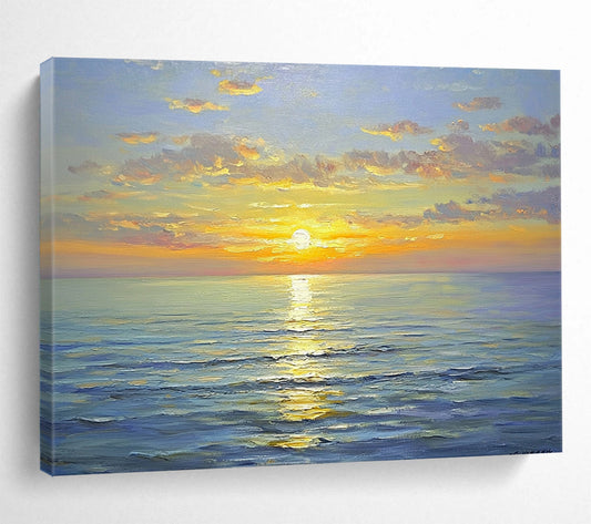 “Sunny Sea Sunset” - Bright Yellows, Oranges, Pinks, Blues, Colorful Ocean Sunset - Oil Painting HB1610