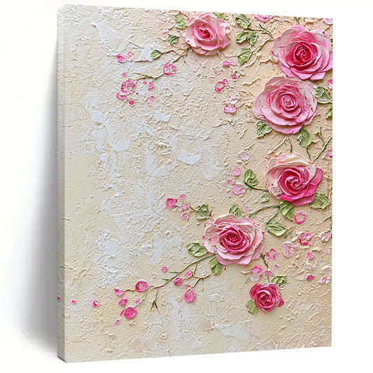 Contemporary handcrafted abstract art features delicate pink lace and roses with an elegant beige background of small flowers and greenery, exuding refined charm and sophistication. DLZ1247