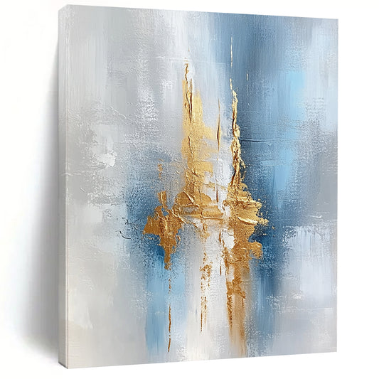 Large contemporary hand-painted abstract artwork featuring a textured light gray and white background with intricate blue and gold accents. DLZ0328