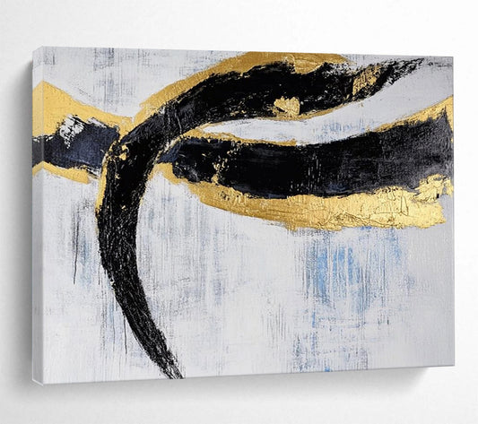 Black, Gold, Blue and White Abstract Swirls "Opulent Motion" Painting On Canvas HB0414