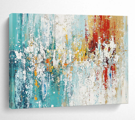“Colorful Abstract Splash” - Teal, yellow, red, white; Abstract splash with vibrant colors; Acrylic Painting On Canvas HB1271