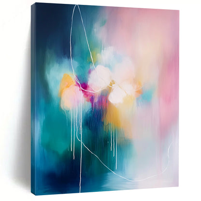 Contemporary abstract painting with soft pink and blue tones, large brush strokes, and white rope-like lines, emphasizing a connection to nature. DLZ1064