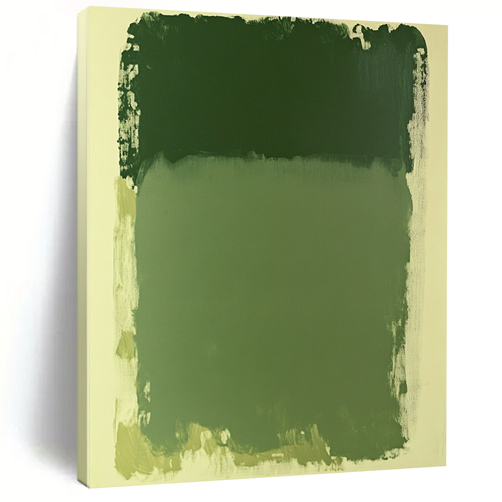 Contemporary abstract painting in green hues featuring a large rectangular shape on a serene white background. Perfect for modern aesthetics. DLZ1656