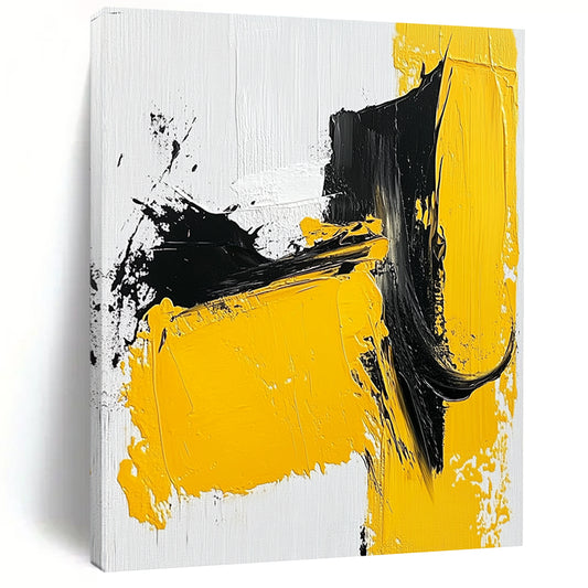 Contemporary abstract painting showcases bold yellow black and white strokes with thick paint on a textured canvas emphasizing minimalism and simple shapes. DLZ0837