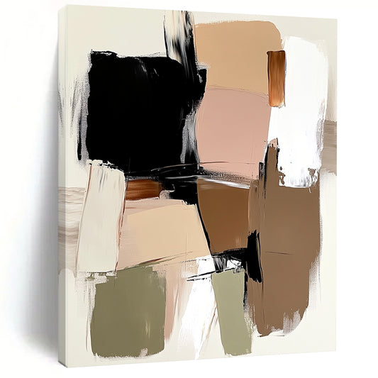 Contemporary hand-painted abstract art featuring loose brush strokes, large shapes, and a neutral background in beige and brown with accents of black, white, sage green, and pink. DLZ0557