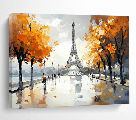 Gray, Orange, Blue and White Eiffel Tower Scene "Parisian Autumn" Painting On Canvas HB0665