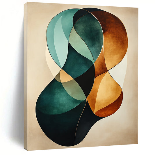 Abstract artwork features graceful teal and brown curves on a beige background with a gold border and a soft canvas texture. DLZ0737