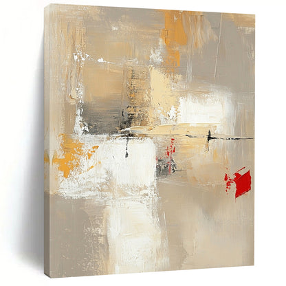 Contemporary hand-painted abstract artwork featuring neutral tones with red and yellow accents large white spaces and dynamic brush strokes and textures. DLZ0922