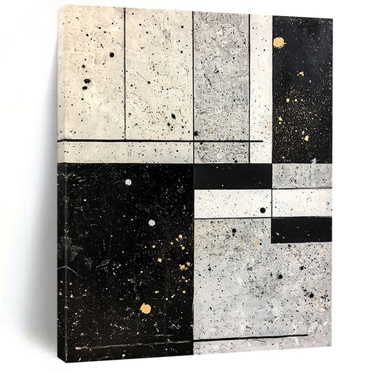 Black, White, Gray, Gold with Grid Splatter "Industrial Chic" Abstract Painting On Canvas HB015