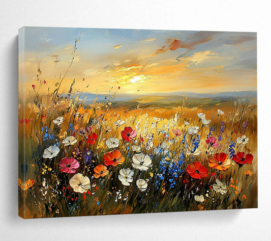 “Wildflower Meadow at Sunset” - Vivid Pinks, Purples, Yellows, Colorful Wildflower Field - Impressionist Oil Painting HB1687