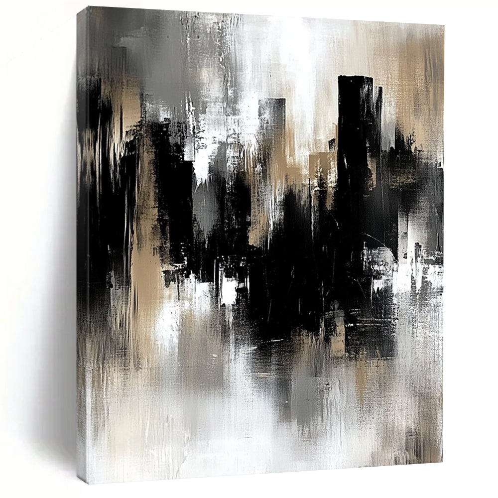 Contemporary hand-painted abstract art featuring a gray and black industrial cityscape with soft edges and loose brushstrokes in muted tones. DLZ0707