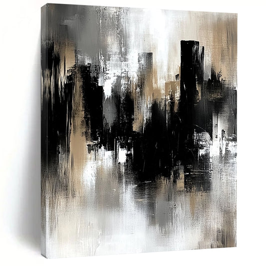Contemporary hand-painted abstract art featuring a gray and black industrial cityscape with soft edges and loose brushstrokes in muted tones. DLZ0707
