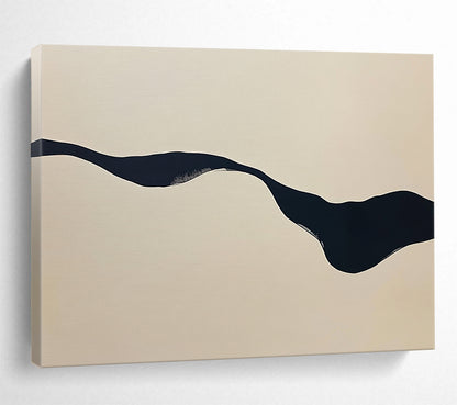 “Irregular Black Stream on Beige” - Black, Beige, Wavy Irregular Form - Abstract Acrylic Painting HB1667