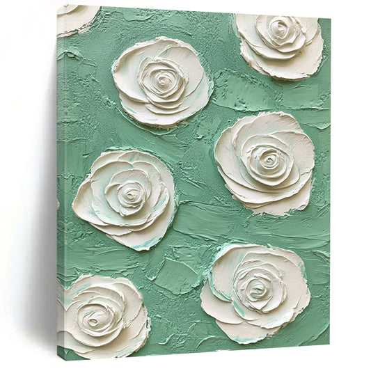 Contemporary abstract art featuring mint green and white rose embossing on a textured impasto background creates a captivating visual experience. DLZ1644