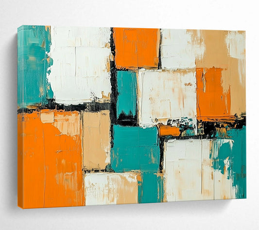 “Colorful Geometric Abstract” - Orange, Teal, Beige, Geometric Abstract Painting On Canvas HB0784