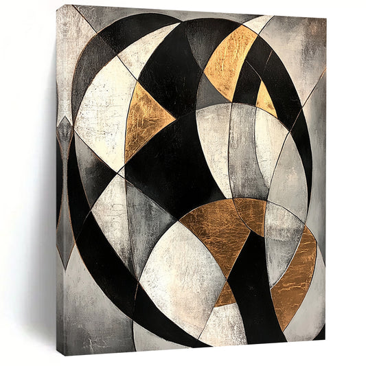 Gray, Black, White, Gold, Curved Geometry "Celestial Arc" Abstract Cosmic - Inspired Painting On Canvas HB079
