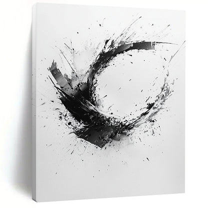 Black and White Splattered Crescent "Energetic Fragment" Painting On Canvas HB267
