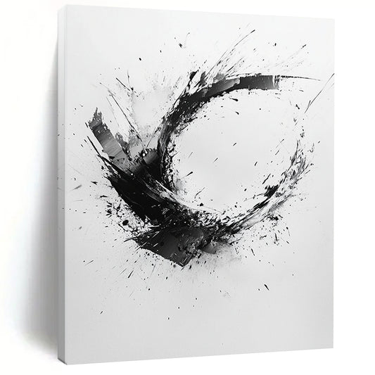 Black and White Splattered Crescent "Energetic Fragment" Painting On Canvas HB267