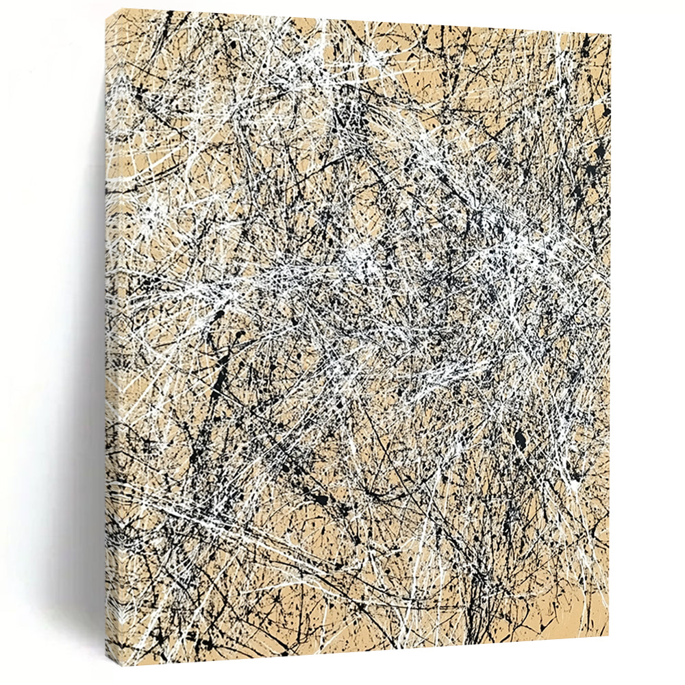 Contemporary hand-painted abstract art features intricate light brown and black crosshatching creating energetic movement and depth on canvas. DLZ0985