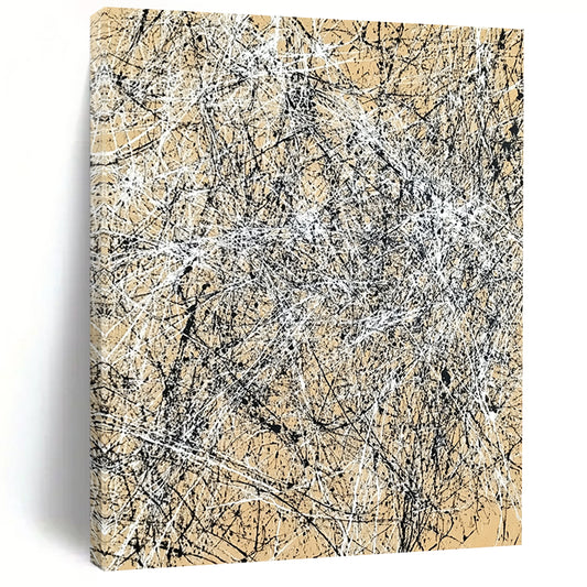 Contemporary hand-painted abstract art features intricate light brown and black crosshatching creating energetic movement and depth on canvas. DLZ0985
