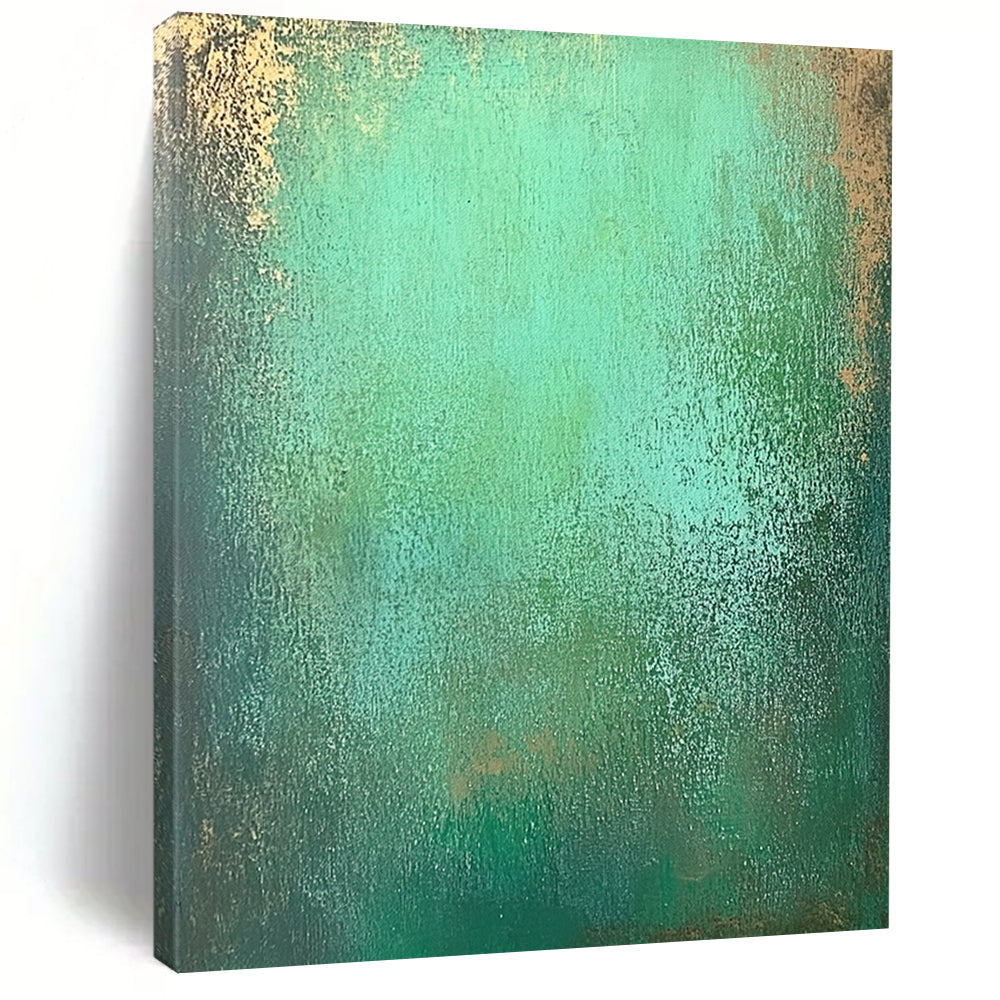 Contemporary hand-painted abstract art features an emerald green gradient with textured layers of seafoam and hints of shimmering gold for depth. DLZ1293