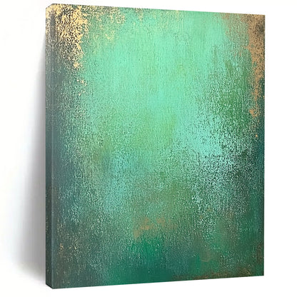 Contemporary hand-painted abstract art features an emerald green gradient with textured layers of seafoam and hints of shimmering gold for depth. DLZ1293