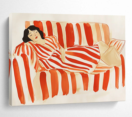 “Woman Resting on Striped Sofa” - Red, White, Figurative, Lifestyle Painting On Canvas HB0778