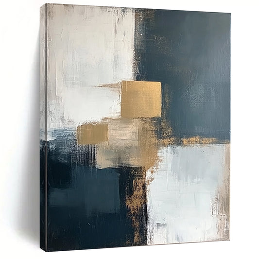 Contemporary abstract artwork featuring bold brush strokes in white, grey, beige, and blue with striking gold accents for a vibrant decor statement. DLZ0344