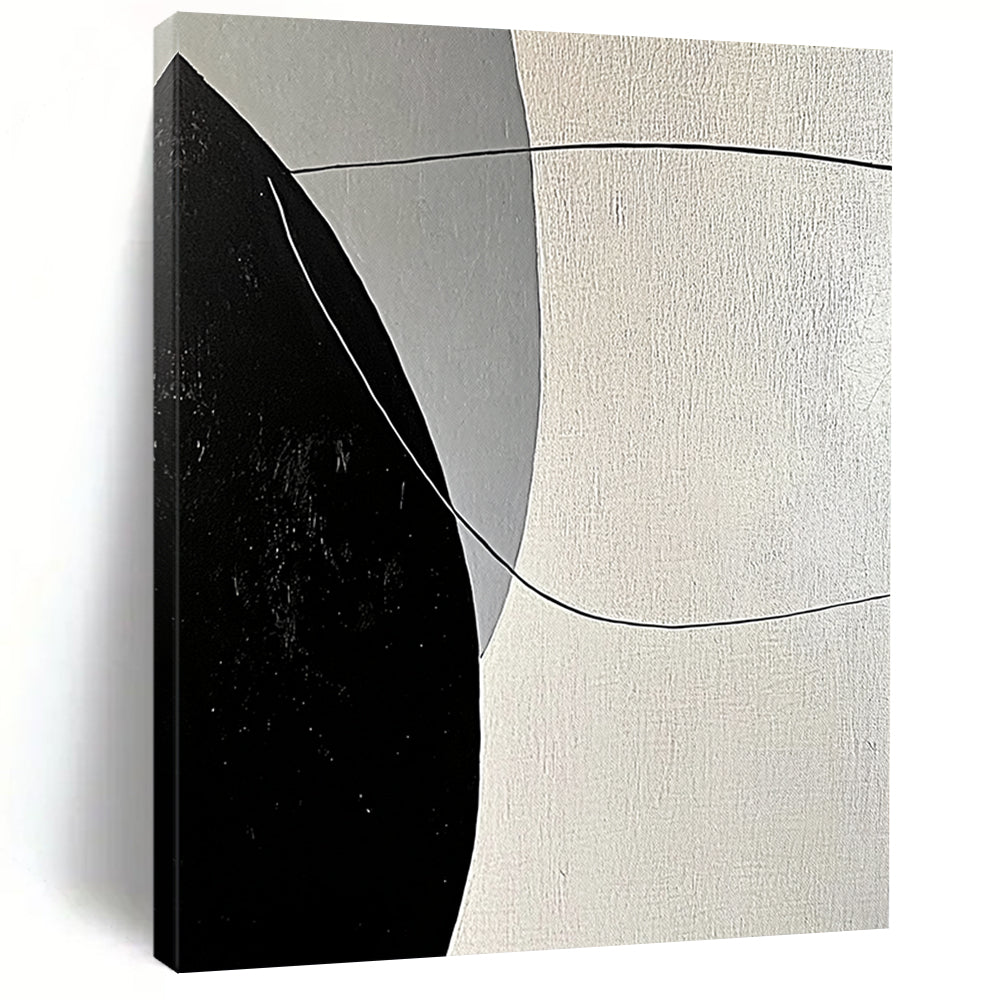 Contemporary abstract painting features bold black and white lines with smooth curves against a large gray background, showcasing minimalist geometric shapes and high contrast lighting. DLZ1654