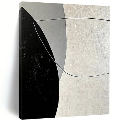 Contemporary abstract painting features bold black and white lines with smooth curves against a large gray background, showcasing minimalist geometric shapes and high contrast lighting. DLZ1654