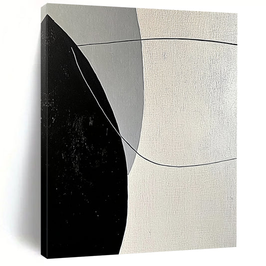Contemporary abstract painting features bold black and white lines with smooth curves against a large gray background, showcasing minimalist geometric shapes and high contrast lighting. DLZ1654