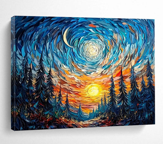 “Swirling Starry Forest” - Blue, Orange, Yellow, Abstract Starry Night Landscape Painting On Canvas HB1114