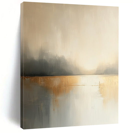 Contemporary hand-painted abstract artwork features neutral tones of beige and white with hints of gold soft edges and a dreamy blurred effect. DLZ0875