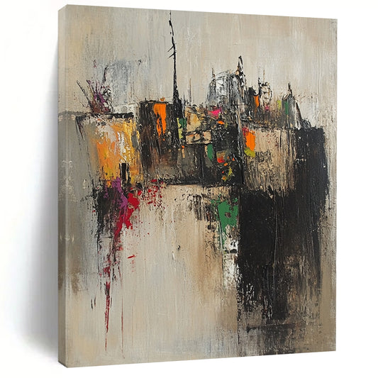 Contemporary abstract artwork featuring an old village with tight brushstrokes in muted earth tones accented by splashes of pink yellow green and orange. DLZ0959