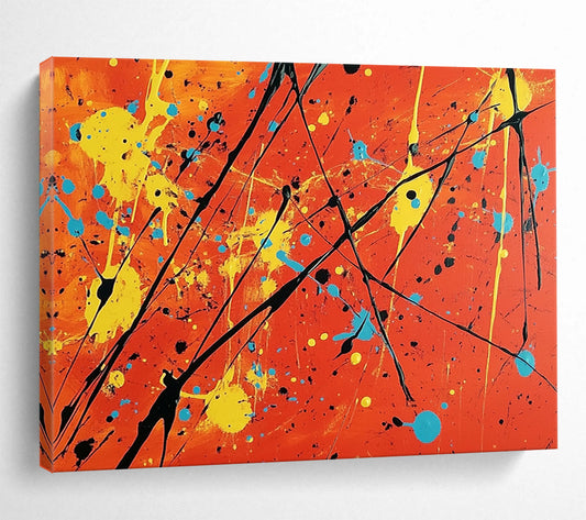 “More Colorful Splatter On Orange” - Orange, Yellow, Blue, Black, Abstract Expressionist Painting On Canvas HB0684